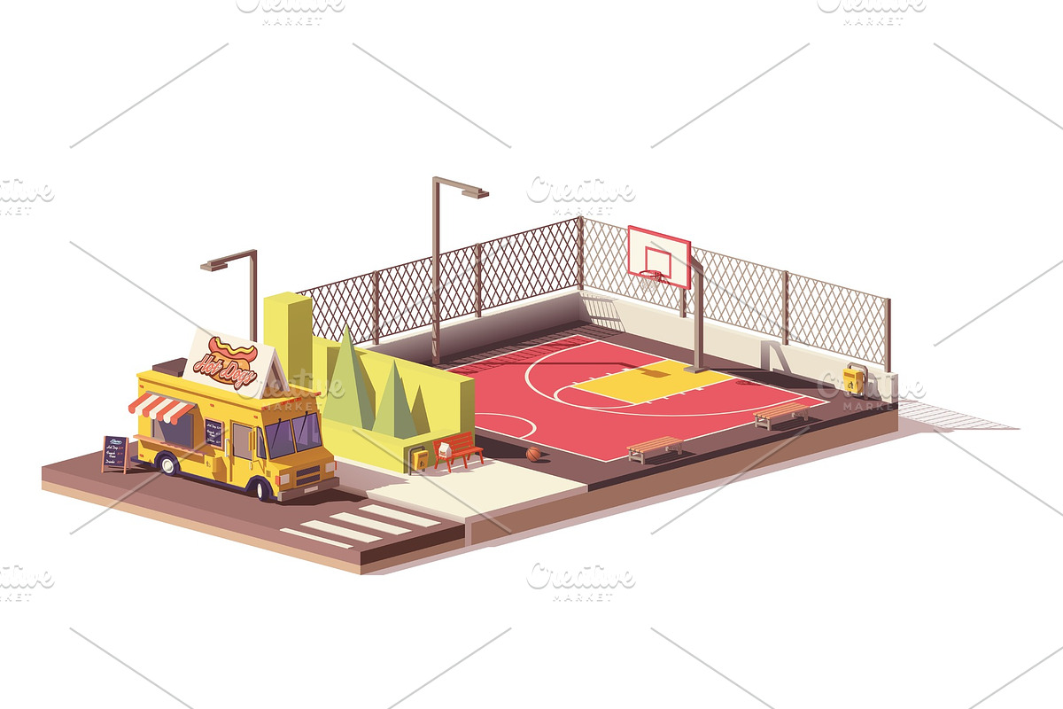 Vector low poly food truck and basketball court in Illustrations - product preview 8