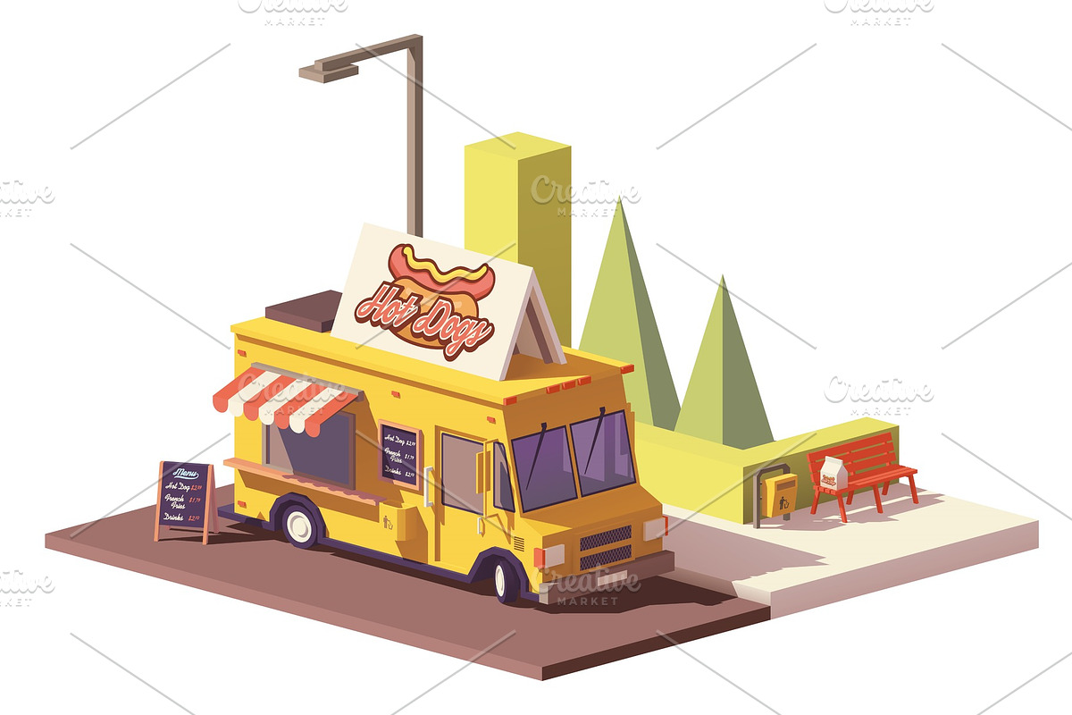 Vector low poly hot dog food truck in Illustrations - product preview 8