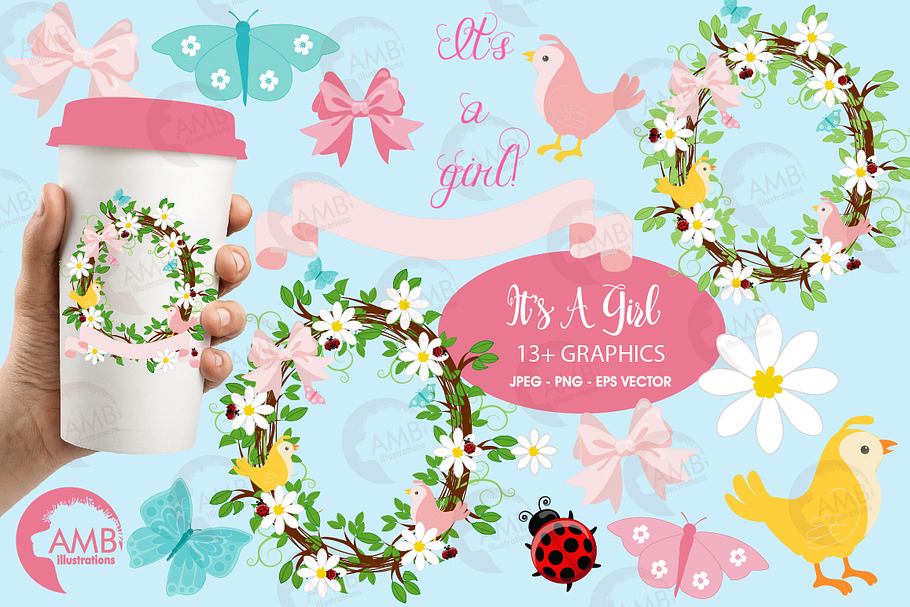 Baby shower girl clipart, AMB-1099