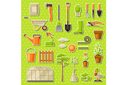 Set of garden tools and items. Season gardening illustration