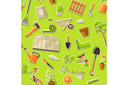 Seamless pattern with garden tools and items. Season gardening illustration