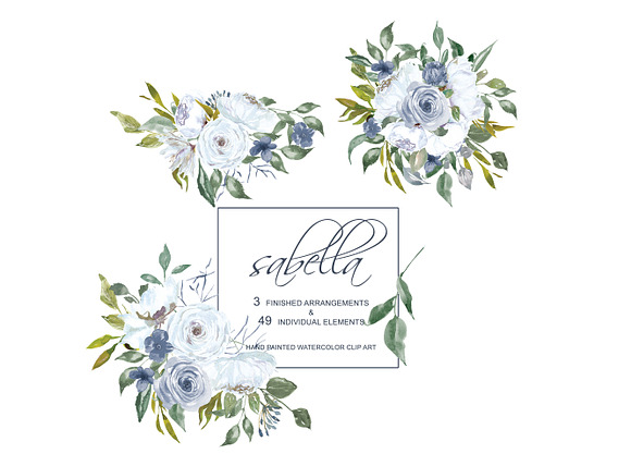 Watercolor White & French Blue Roses in Illustrations - product preview 1
