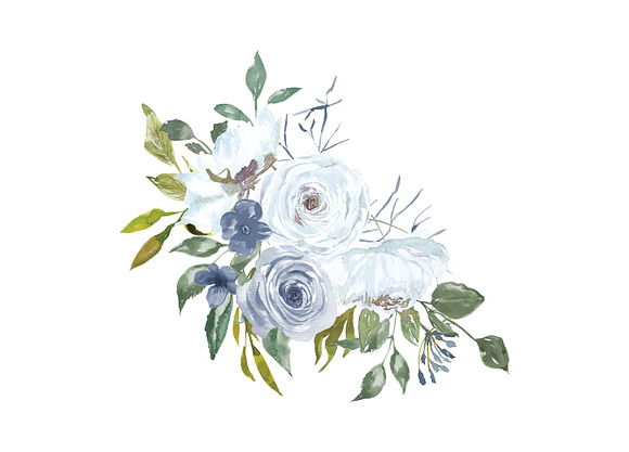 Watercolor White & French Blue Roses in Illustrations - product preview 3