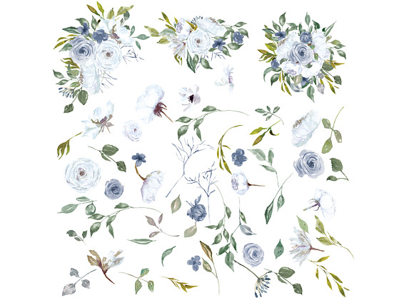 Watercolor White & French Blue Roses in Illustrations - product preview 4