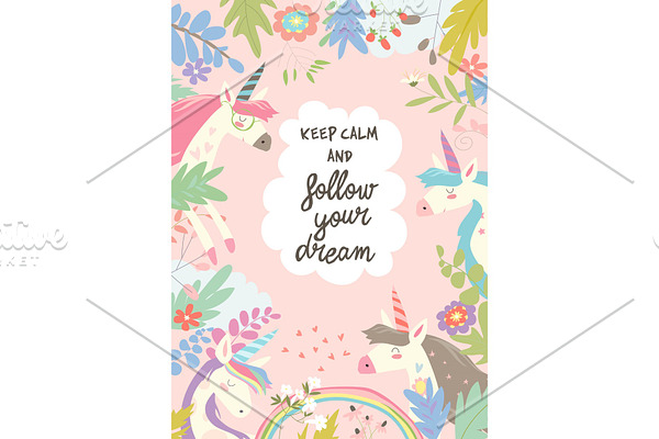 Cute magic frame composed of unicorns and flowers