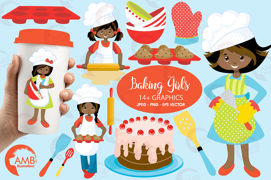 Baking Girls Clipart AMB-1135 in Illustrations - product preview 8