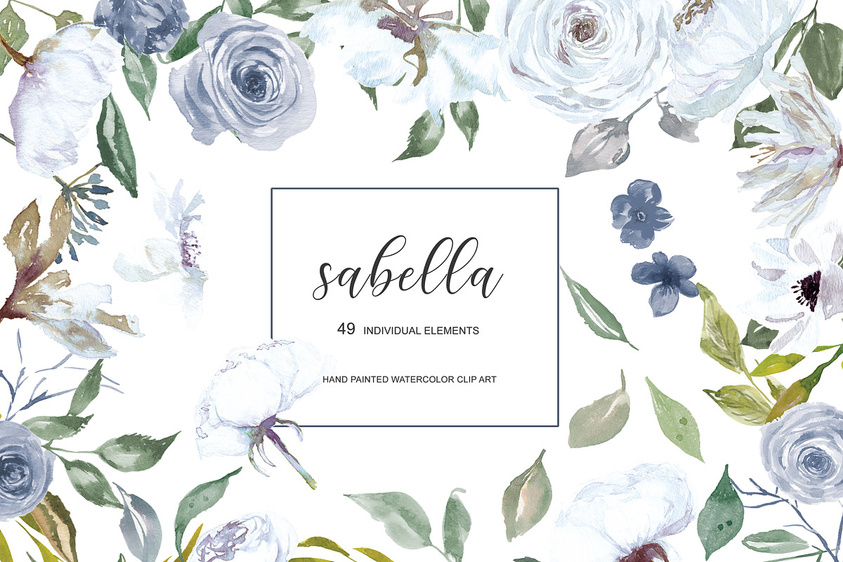 Watercolor White & French Blue Roses in Illustrations - product preview 8