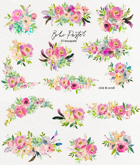 Boho Pastel Watercolor Flowers Set in Illustrations - product preview 1