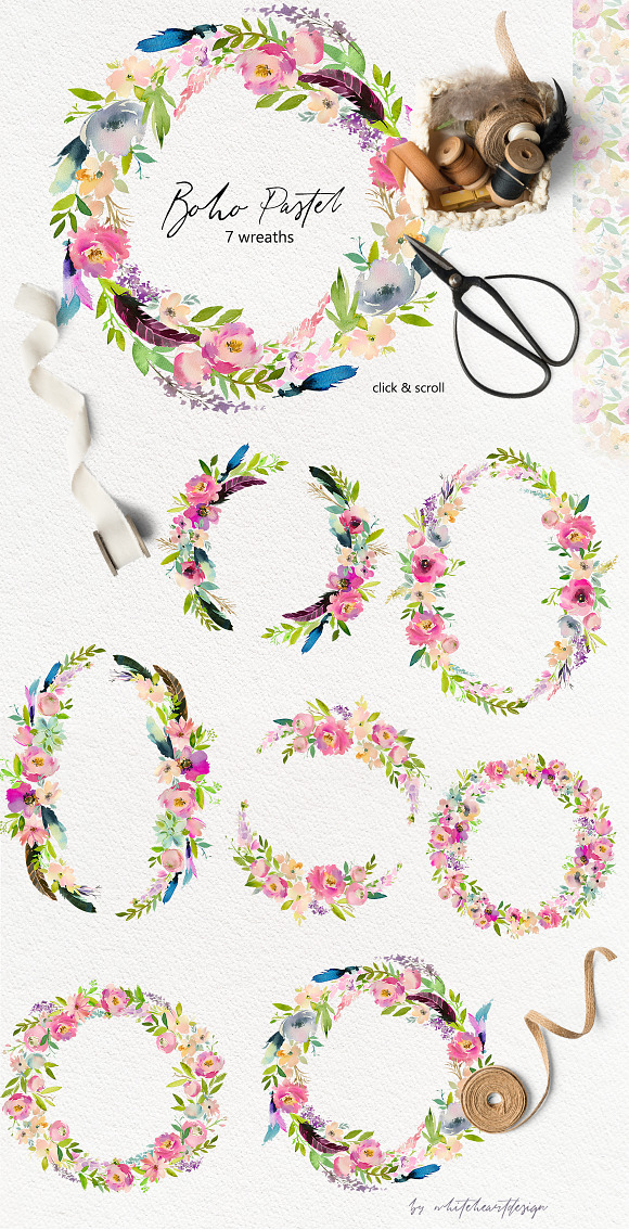 Boho Pastel Watercolor Flowers Set in Illustrations - product preview 3