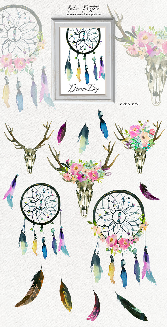 Boho Pastel Watercolor Flowers Set in Illustrations - product preview 7