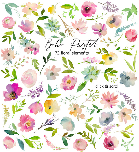 Boho Pastel Watercolor Flowers Set in Illustrations - product preview 9