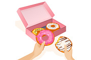 Delicious donuts in cardboard box and human hands