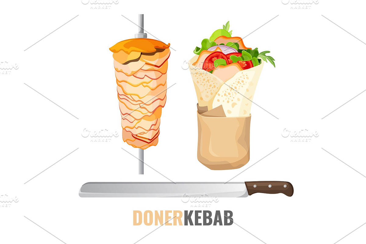 Doner kebab promo poster with meet on skewer and knife in Illustrations - product preview 8