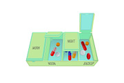 Pills and capsules in special container with dosage