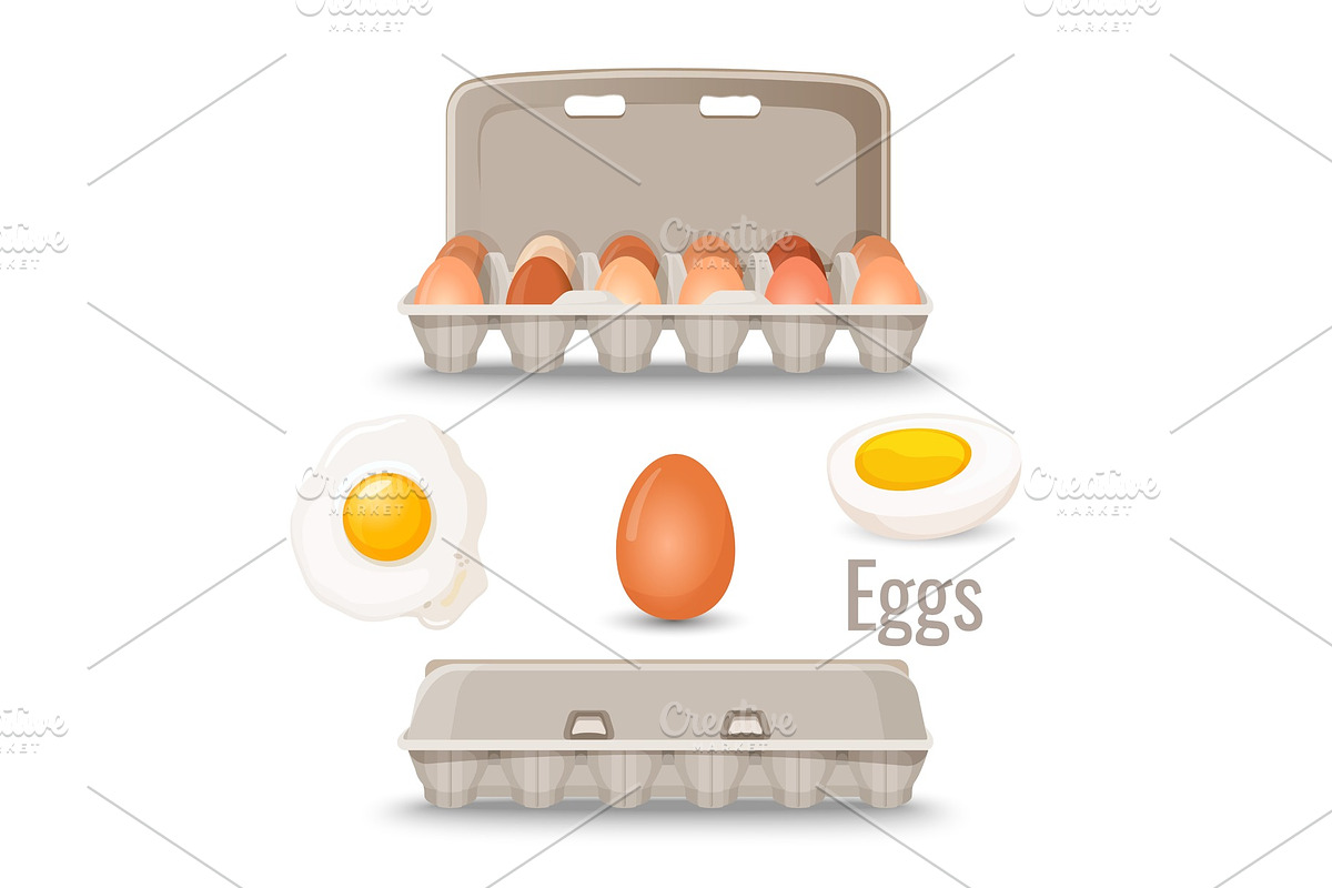 Eggs in shell inside cardboard container and cooked in Illustrations - product preview 8