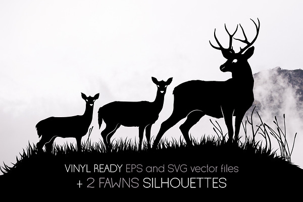 3 deers and 2 fawns silhouettes