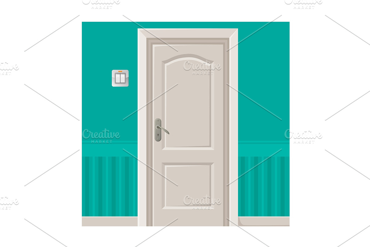 Wooden door in turquoise wall with light switch in Objects - product preview 8
