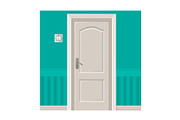 Wooden door in turquoise wall with light switch