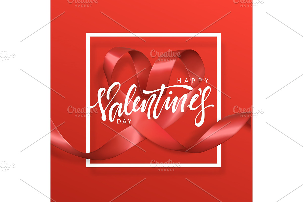 Happy Valentines Day lettering greeting card on red ribbon heart background. in Objects - product preview 8