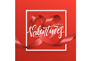Happy Valentines Day lettering greeting card on red ribbon heart background.