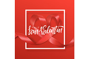 Feliz san Valentin lettering greeting card on red ribbon heart background.