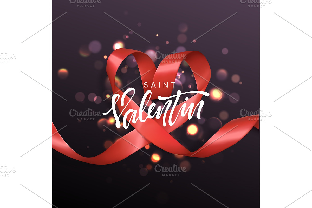 Saint Valentin lettering greeting card on red ribbon heart background. in Objects - product preview 8