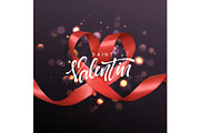 Saint Valentin lettering greeting card on red ribbon heart background.