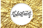 Valentines Day calligraphy on gold background of rumpled foil