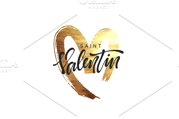 Saint Valentin. Golden heart, smear paint brush with bright sparkles.