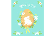 Cute rustic hand drawn Easter card with wreath of spring flowers, egg, bunny and hand written text Happy Easter