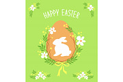 Cute rustic hand drawn Easter card with wreath of spring flowers, egg, bunny and hand written text Happy Easter