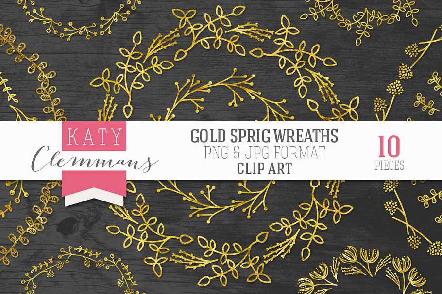 Gold Sprig Wreaths clip art pack