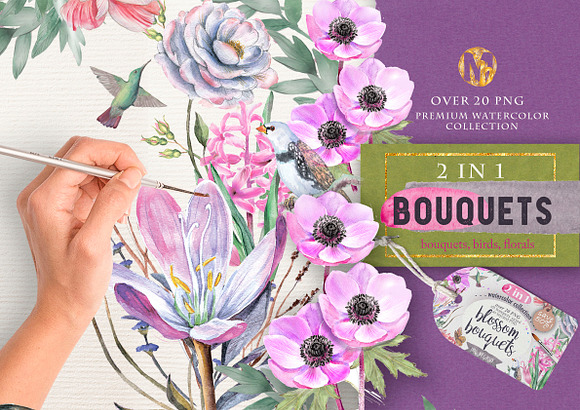  Watercolor bouquets 2 in 1. in Illustrations - product preview 5