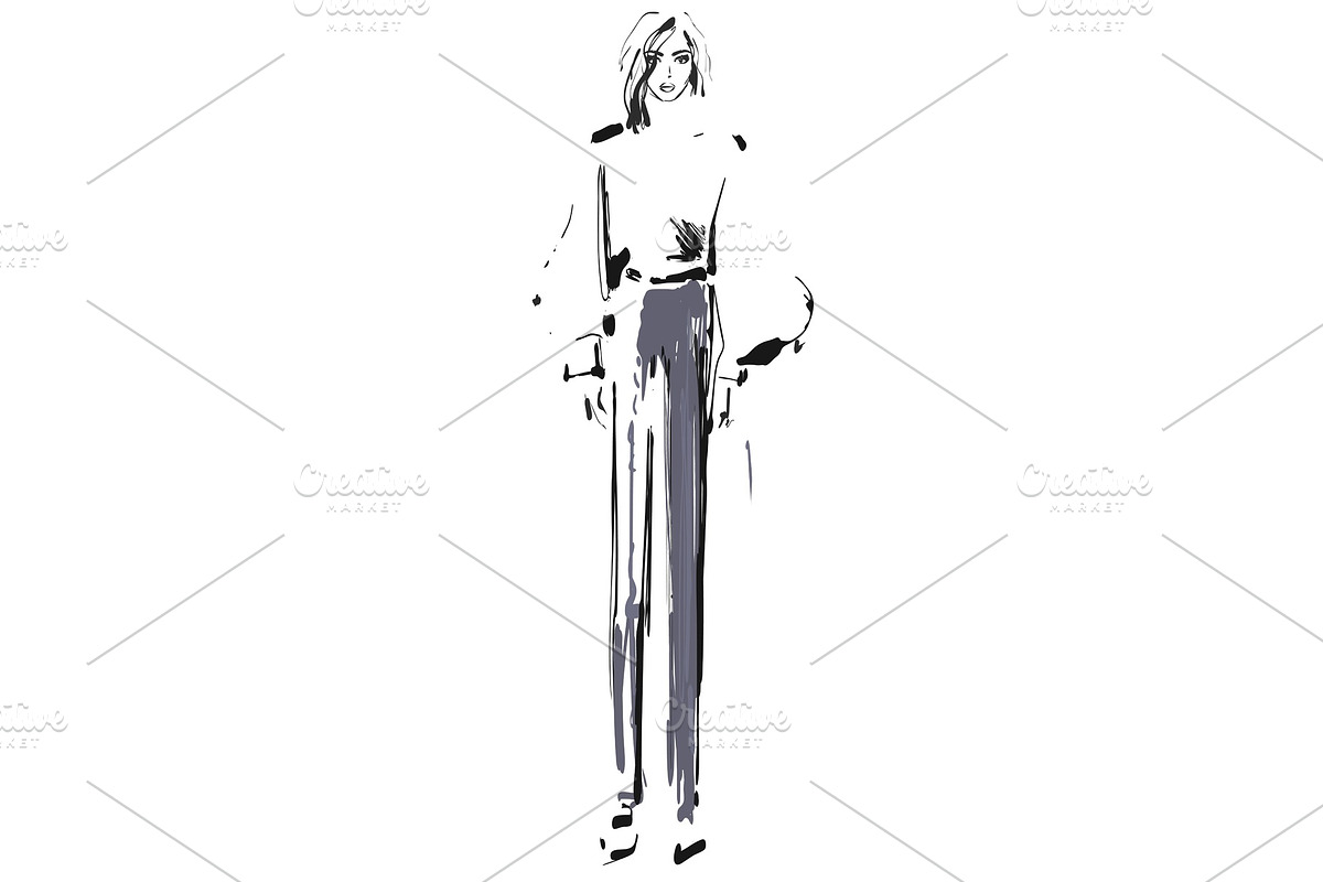 Fashion model. Sketch. Vector illustration. Girl in the shirt and pants in Illustrations - product preview 8