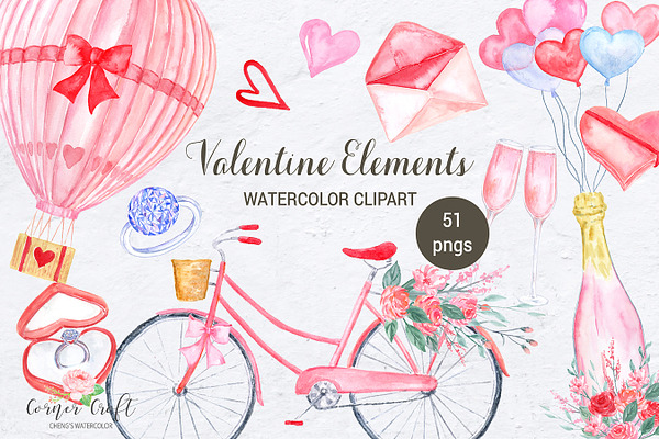 Watercolor Valentine Elements