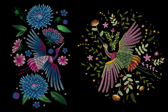  Embroidery. Cranes and flowers in Illustrations - product preview 1