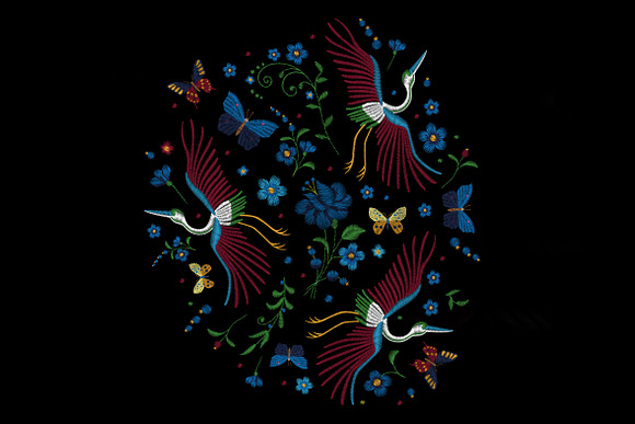  Embroidery. Cranes and flowers in Illustrations - product preview 5