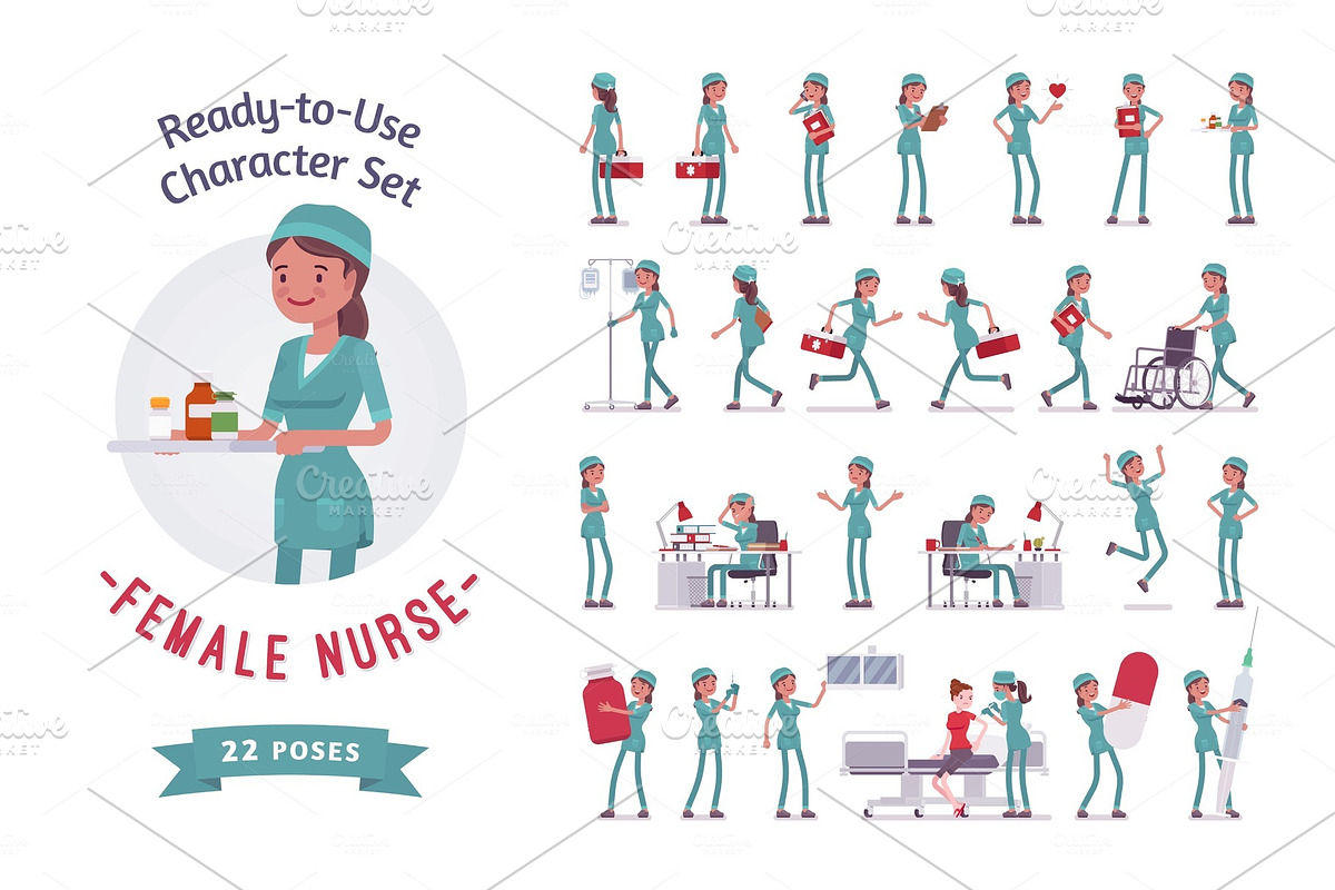 Female nurse ready-to-use character set in Illustrations - product preview 8