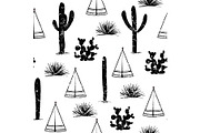 Indian tribal background. Simple flat wigwam, cactus, and grass. Seamless pattern landscape. Minimalist design. Cartoon illustration