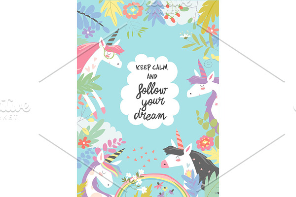 Cute magic frame composed of unicorns and flowers