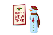 A cute snowman looks at the New Year's poster. Vector illustration