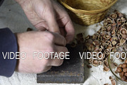 Chipping the hazelnuts with a hammer on the table