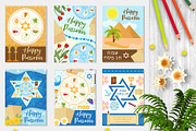 Passover set poster, invitation, flyer, greeting card. Pesach template for your design with festive Seder table, kosher food, matzah, david star. Jewish holiday background. Vector illustration.