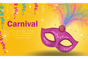 Bright carnival poster, invitation, greeting card. Masquerade Template for your design with mask feathers. Venetian carnival, Purim, Mardi Gras background. Vector illustration.