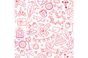 Valentine Day doodles elements pattern. Cute symbols of love,wedding, engagement seamless background. Red pink gradient icons on white hand drawn style vector illustration