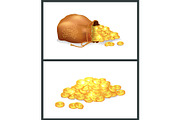 Golden Coins in Pirate Bag Vector Illustration