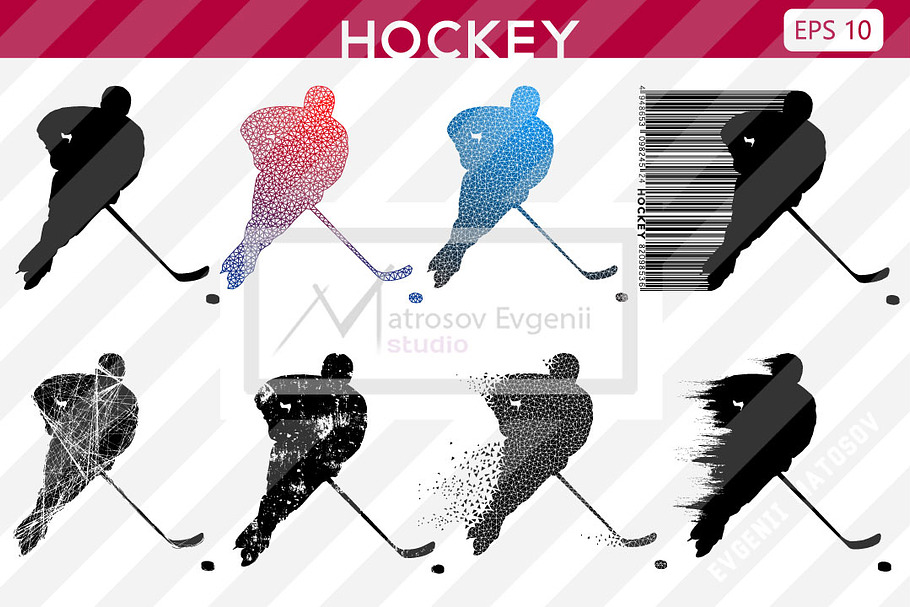 Silhouettes of a hockey players. Set