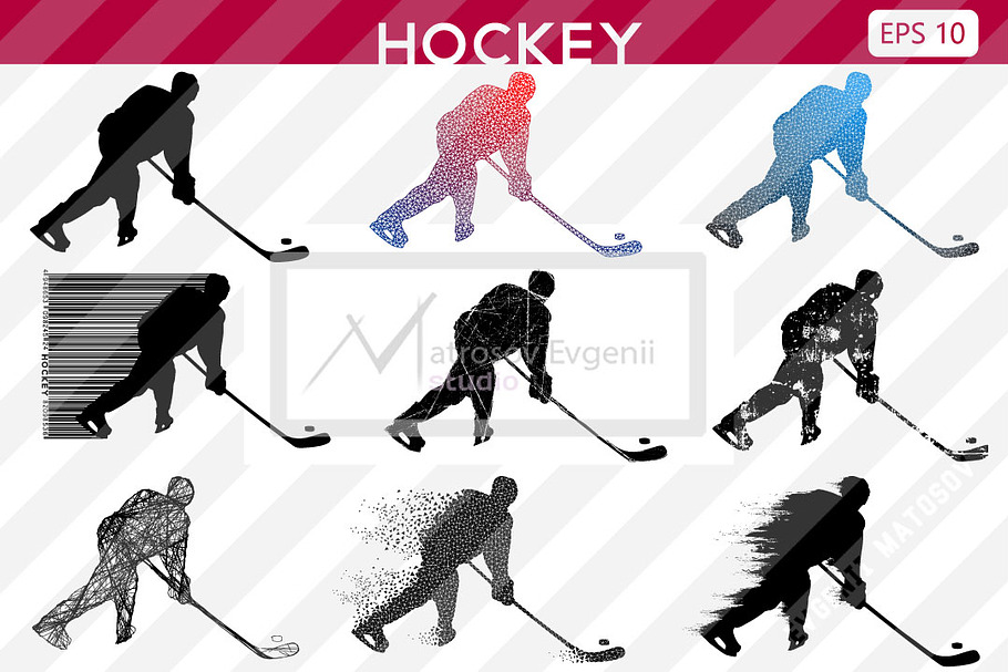 Silhouettes of a hockey players. Set