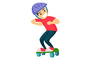 Happy caucasian white boy riding a skateboard.