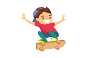 Happy caucasian white boy riding a skateboard.